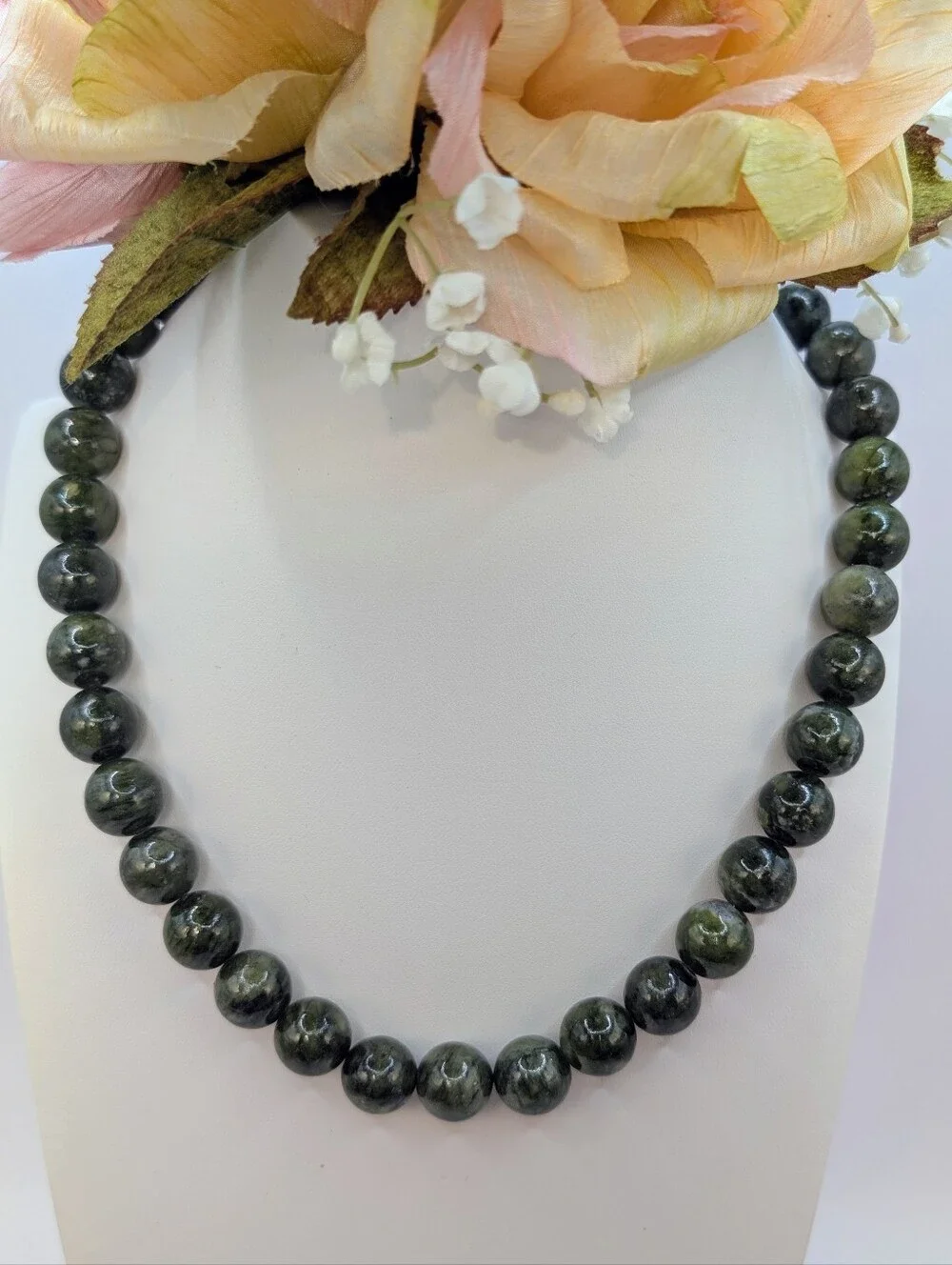 Irish Connemara Marble 12mm Beaded Necklace - 925 Silver